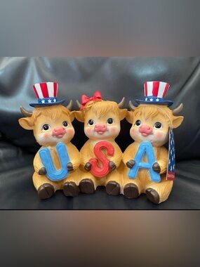Cute Trio Cow Figurines Holding USA Letters - Red, Blue, Pink Accents